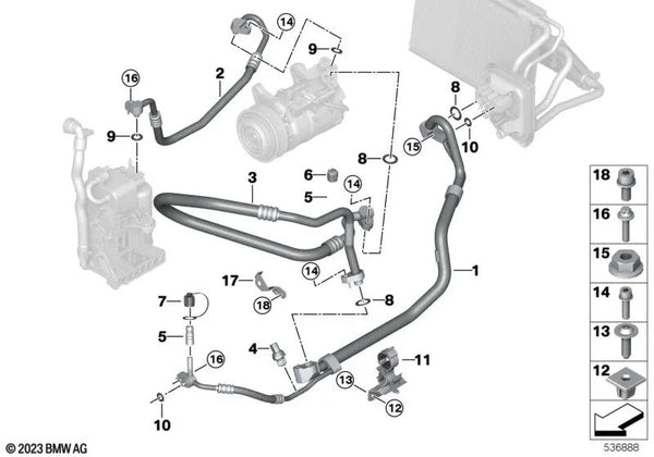 Tubería de aspiración evaporador-compresor OEM 64539476313 para BMW X3 G01, X3 G01 LCI, X4 G02, X4 G02 LCI. Original BMW.