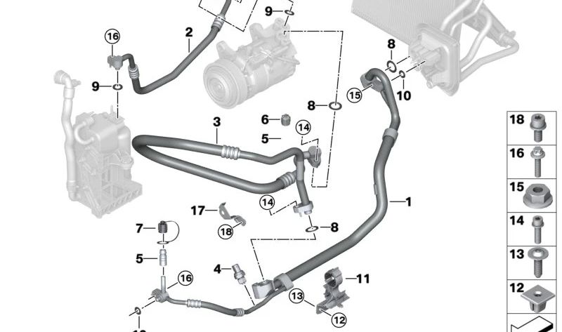 Tubo de succión del evaporador al compresor A/C OEM 64539868408 para BMW X3 G01, G01N, G08, G08N y X4 G02, G02N. Original BMW.