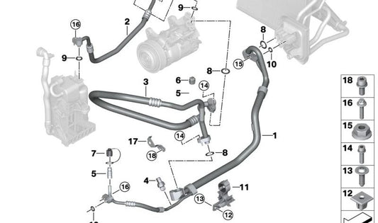 Tubo de succión del evaporador al compresor A/C OEM 64539868408 para BMW X3 G01, G01N, G08, G08N y X4 G02, G02N. Original BMW.