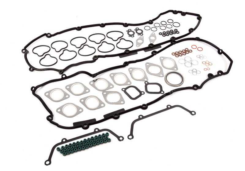 Juego de juntas de culata sin amianto OEM 11120392976 para BMW E60, E61, E63, E64. Compatible con motores específicos de 5 y 6 cilindros. Original BMW.