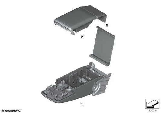 Tapa reposabrazos central OEM 52205A9D943 para BMW Serie 7 G70 735i, 740i, 740d xDrive, 750e xDrive. Color gris. Original BMW.