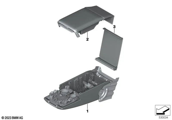 Tapa reposabrazos central OEM 52205A9D943 para BMW Serie 7 G70 735i, 740i, 740d xDrive, 750e xDrive. Color gris. Original BMW.