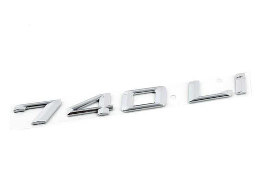 Emblema trasero "740Li" OEM 51147187129 para BMW Serie 7 F02 (modelos 740Li y 740Li xDrive). Compatible con motores N54 y N55. Original BMW.