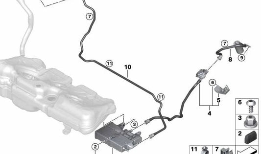 Tubo de ventilación del sistema de combustible OEM 16117487446 para BMW F40 y F44. Original BMW.