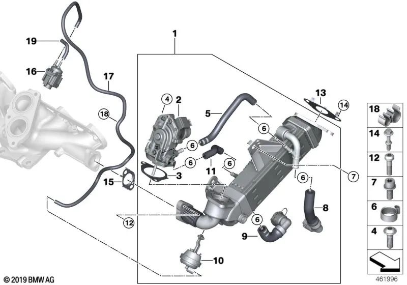 Exhaust Gas Cooler for BMW Series 3 G20, G21, Series 5 G30, G31, Series 6 G32, Series 7 G11N, Series 8 G14, G15, X3 G01, X4 G02, X5 G05, X6 G06, X7 G07 (OEM 11718599832 ). Genuine BMW.