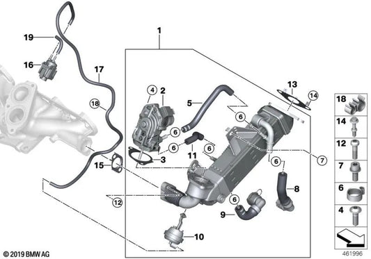 Exhaust Gas Cooler for BMW Series 3 G20, G21, Series 5 G30, G31, Series 6 G32, Series 7 G11N, Series 8 G14, G15, X3 G01, X4 G02, X5 G05, X6 G06, X7 G07 (OEM 11718599832 ). Genuine BMW.