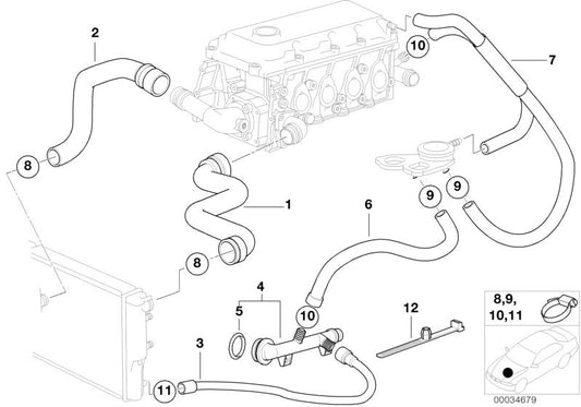 Manguera de agua OEM 11531716659 para BMW E36 (316i) y Z3 (1.9). Original BMW.