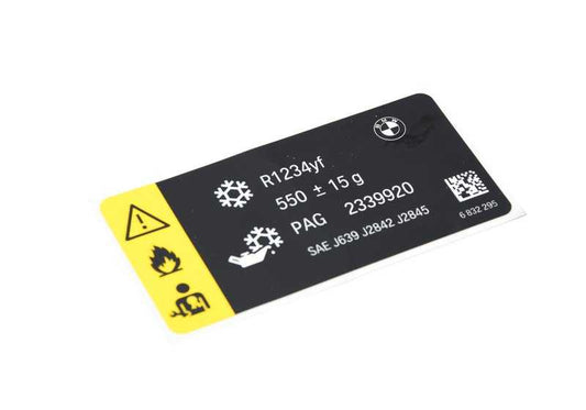 Etiqueta adhesiva de gas refrigerante OEM 71236832295 para BMW F87, F87N, G42, F30N, F31N, F80N, G20, G20N, G21, G21N, G28, G80, G80N, G81, F82, F82N, F83, F83N, G22, G22N, G23, G23N, G26, G26N, G82, G82N, G83, G83N, G30, G30N, G31, G60, G32N, G11, G