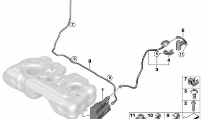 Tubo de ventilación con módulo de diagnóstico de fugas OEM 16137300683 para BMW F48, F39 y MINI F60. Original BMW y MINI.