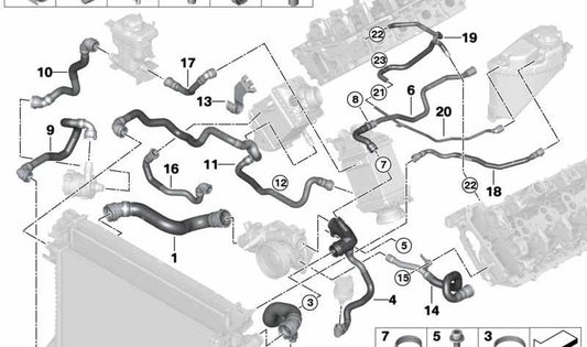 Manguera del radiador OEM 17129894778 para BMW G05, G06, G07 (X5 M50i/xDrive50i, X6 xDriveM50i, X7 xDrive50i/M50i). Repuesto original BMW.