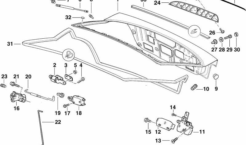 Amortiguador de portón trasero corto OEM 51248230070 para BMW E36 (Compact, Coupé, Berlina, Touring). Original BMW.