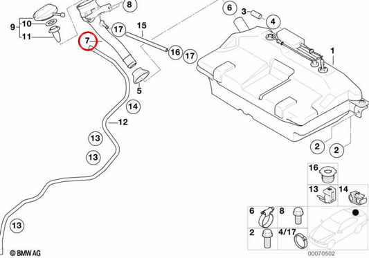 Tubo di riempimento del carburante OEM 16111184399 per BMW E52. BMW originale.