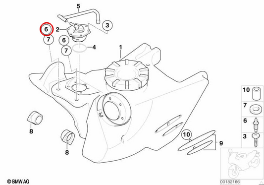 Parafuso de ajuste do depósito de combustível OEM 16112350064 para motos BMW F800 S, F800 ST, F800 GT, F800 R, F650 GS, G650 GS e G650 GS Sertão. Original BMW Motorrad.