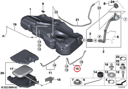 Cinta de sujeción derecha del depósito de combustible OEM 16112752315 para MINI R55 Clubman, R56, R57 Cabrio, R58 Coupé, R59 Roadster… y más. Original MINI.