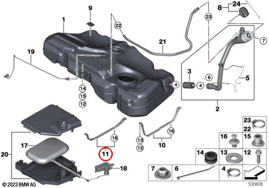 Cinta de fixação esquerda do depósito de combustível OEM 16112754427 para MINI R55, R56, R57, R58, R59… e mais. Original MINI.