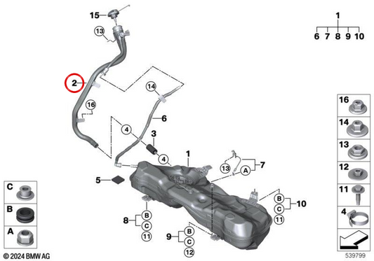 Tubo de relleno de combustible OEM 16115A01E44 para BMW Serie 5 G31, G99 M5... y más. Original BMW.
