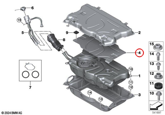 Mousse d'amortissement des vibrations du réservoir de carburant OEM 16115A5AF41 pour BMW X3 G45 30e xDrive (65GP, 66GP) depuis 10/2024. Original BMW.
