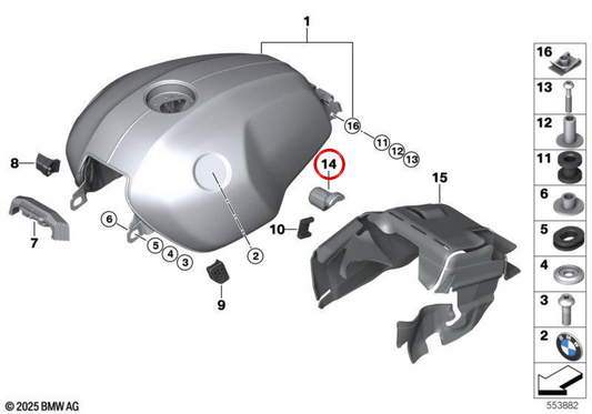 Appui arrière du réservoir de carburant OEM 16115A64421 pour motos BMW R 12 nineT, R 12 et R 12 A2. Original BMW Motorrad.