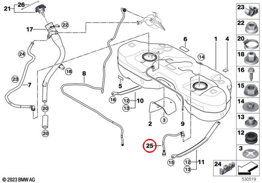 OEM fuel return pipe 16116759696 for BMW E83. Original BMW.