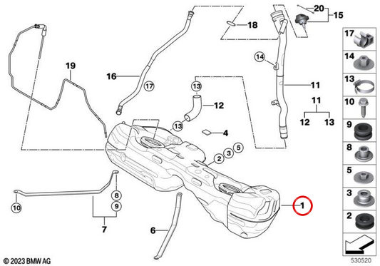 OEM -Kunststoff -Kraftstofftank 16117074463 für BMW E82, E88. Original BMW.