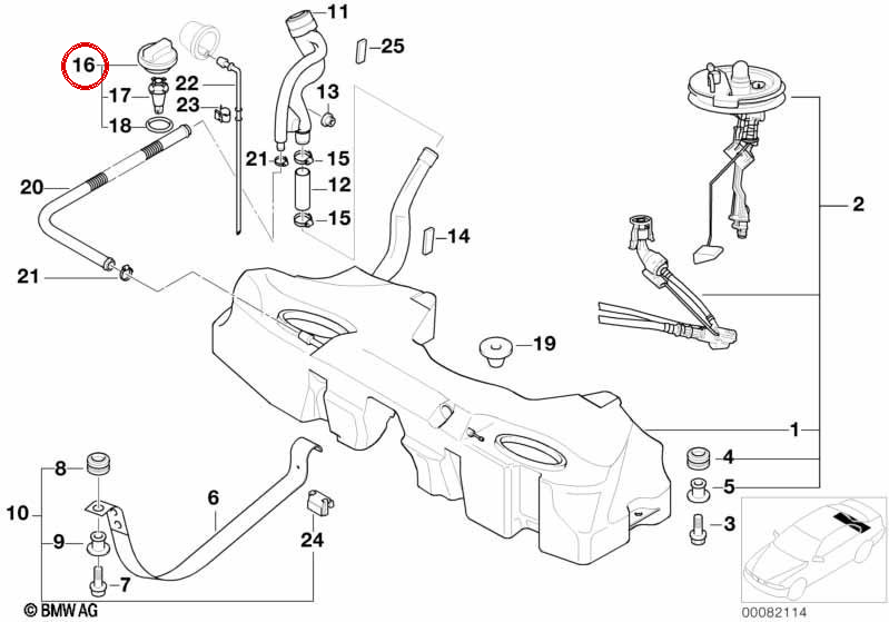 Tapón del depósito OEM 16117193372 para BMW E81, E87, E90, E60, E63, E65, F01, X3 E83, X5 E70, X6 E71... y más. Original BMW.