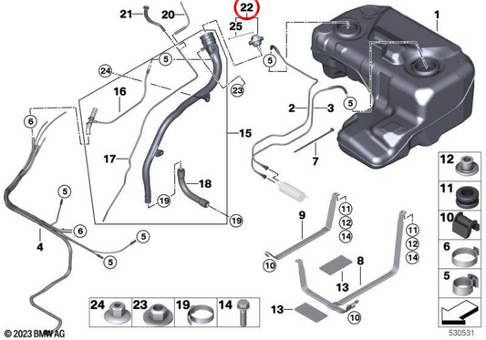 Tapón de depósito de combustible OEM 16117193384 para BMW E53, E85, E86. Original BMW.
