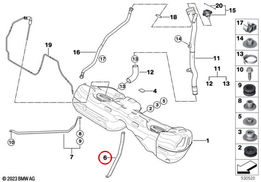Correa de sujeción izquierda OEM 16117195124 para BMW E81, E82, E87, E88, E90. Original BMW.
