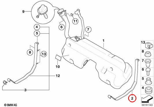 Abrazadera del depósito de combustible OEM 16117197612 para BMW E85, E86. Original BMW.