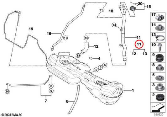 Tubo di riempimento del carburante OEM 16117198715 per BMW E92, E93. BMW originale.