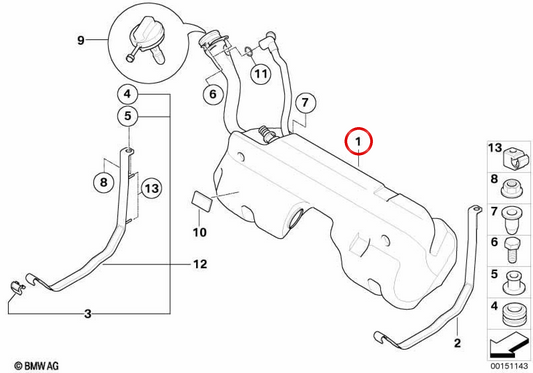 Serbatoio di carburante in plastica con sensore sinistro OEM 16117198751 per BMW E85, E86. BMW originale.