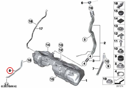 Supporto di supporto a destra OEM 16117260945 per BMW F20, F21, F22, F23, F30, F31, F34, F80, F32, F33, F36, F82, F83. BMW originale.