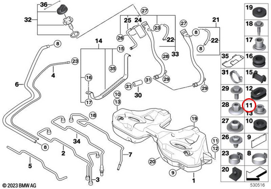 Séparateur avec un trou allongé OEM 16117293528 pour BMW F30, F31, F34, F32, F36, F07, F10, F11, F18, F06, F12, F13, E65, E66, G11, G12, G70, F25, F15, G05, G18, F95, F16, G06, F96, G07, G29. BMW d'origine.