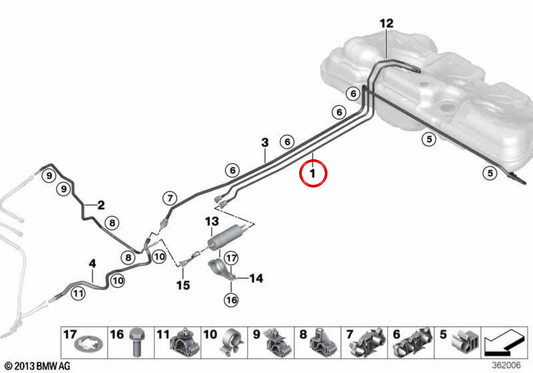Hintere Kraftstoffzufuhrleitung OEM 16117300603 für MINI F56, F56 LCI, Cabrio F57, F57 LCI. Originaler MINI.