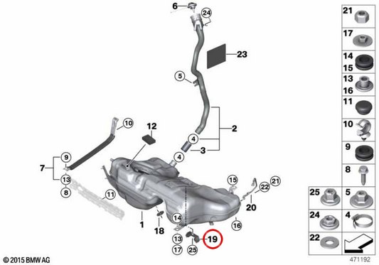 Clip de sujeción OEM 16117451410 para BMW F30, F31, F34. Original BMW.