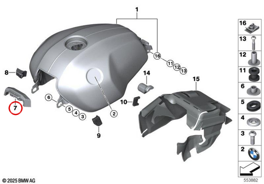 Apoyo del depósito de combustible OEM 16117914512 para motos BMW R 12 nineT, R 12 nineT A2. Original BMW Motorrad.