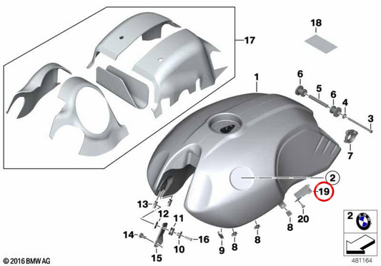 OEM fuel tank mounting bracket 16118564692 for BMW Motorrad R nineT K21 (2013-2016). Original BMW Motorrad.