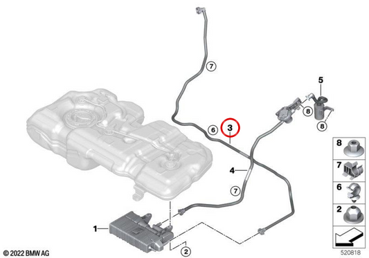 Tubo de ventilação do tanque de combustível OEM 16118742482 para BMW U06, U11, U12, U10, U25. BMW genuíno.