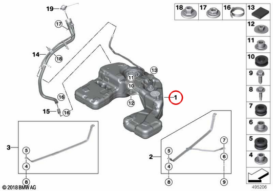 OEM plastic fuel tank 16119426340 for BMW G05, G06, G07. Original BMW.