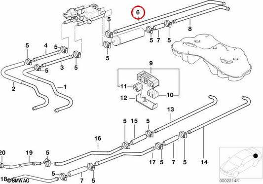 Tubo di ritorno del carburante posteriore OEM 16121183204 per BMW E38. BMW originale.
