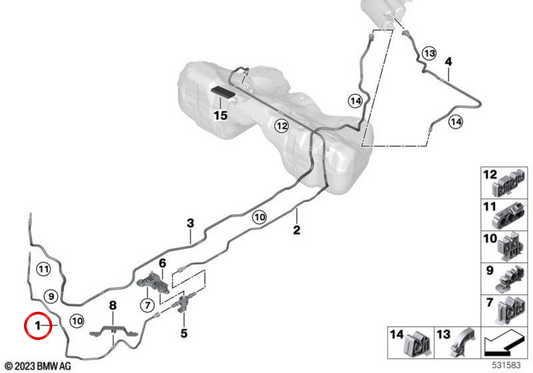Tubería de alimentación de combustible OEM 16125A02167 para BMW G60 520i, 530i, 530iX, 540iX. Original BMW.