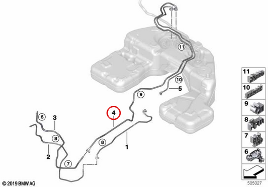 OEM 16127439973 rear fuel return pipe for BMW G05, G06. Original BMW.