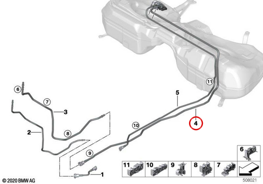 Tubo di ritorno del carburante posteriore OEM 16127449067 per BMW G20, G21, G22, G23, G26. BMW originale.