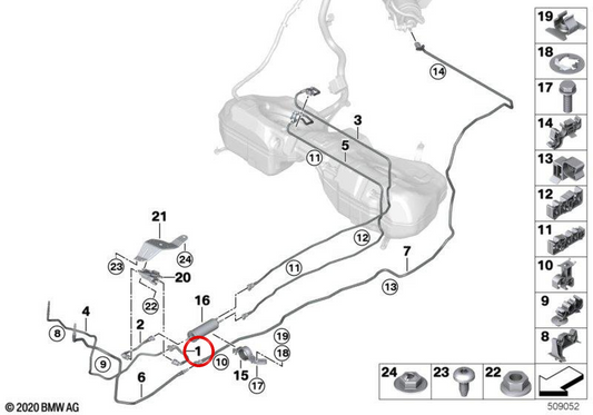 Sensor de línea de alimentación de combustible OEM 16127469511 para BMW G20. Original BMW.