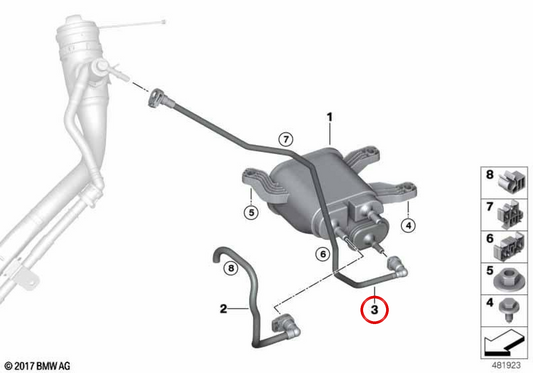 Tubo de ventilación del depósito de combustible OEM 16137404090 para BMW G01, F97, G02, F98. Original BMW.