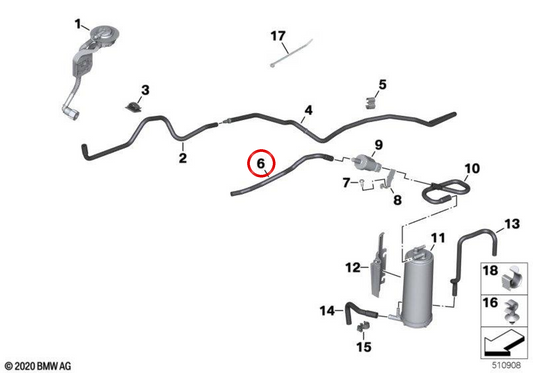Tuyau flexible OEM 16139829248 pour motos BMW R 18, R 18 Classic, R 18 Roctane, R 18 B, R 18 Transcontinental. BMW Motorrad d'origine.