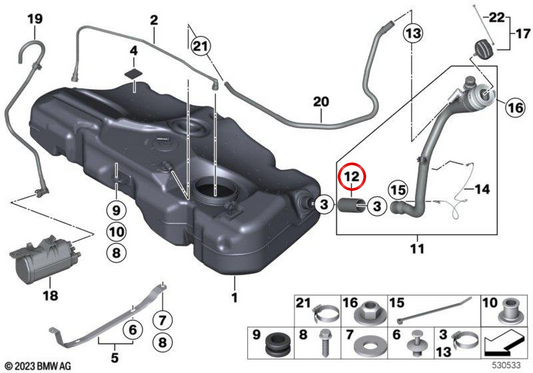 Tuyau de remplissage de carburant OEM 16142752324 pour MINI R55 Clubman, R56, R57 Cabrio, R58, R59, R60 et R61. Original MINI.