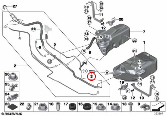 OEM -Füllschlauch 16197379880 für BMW F30, F31, F32, F33, F36, F07, F10, F11. Original BMW.