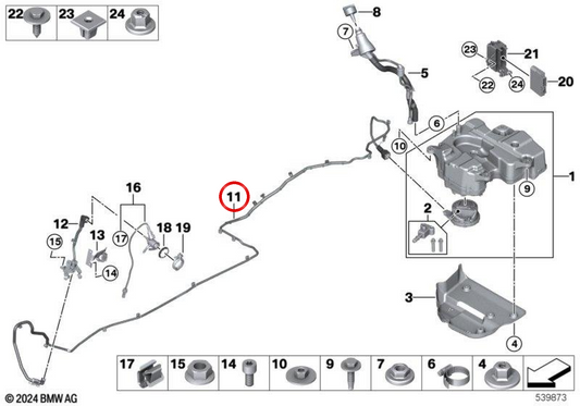 Tubería de combustible OEM 16199485180 para BMW F70, U06, U11, U10, U25. Original BMW.