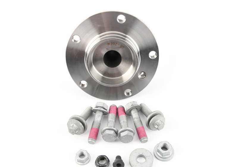 Kit de servicio rodamiento de rueda OEM 31222326578 para BMW E39. Incluye tornillos, tuercas y rodamiento delantero. Original BMW.