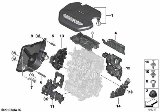 Engine cover for BMW F40, F44, F45N, F46N, F48, F48N, F39 (OEM 11148579533). Original BMW
